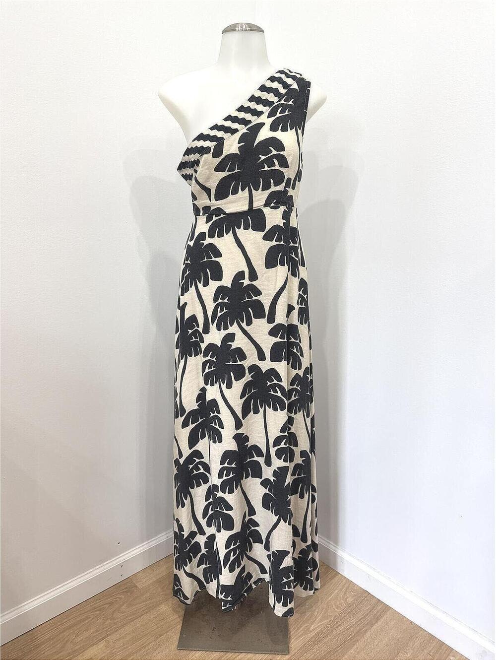 💃🏻FARM Rio Cream and Black One-Shoulder Palm-Print Maxi Dress